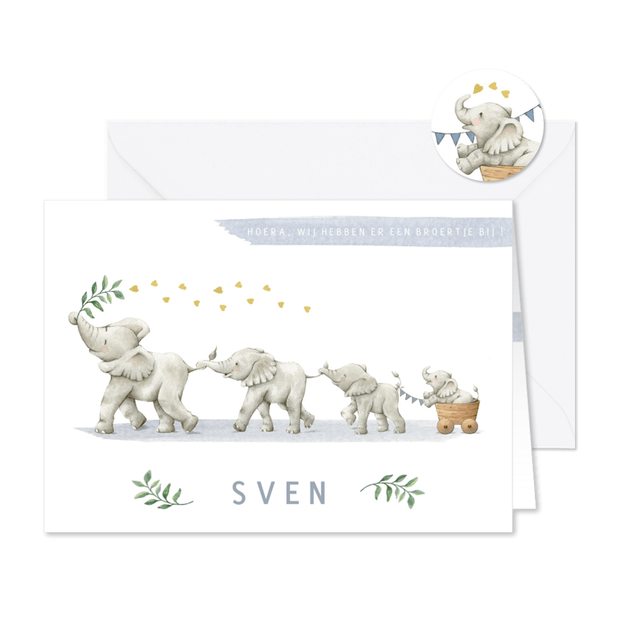 Lief geboortekaartje broertje met vier vrolijke olifantjes - Kaartimpressie