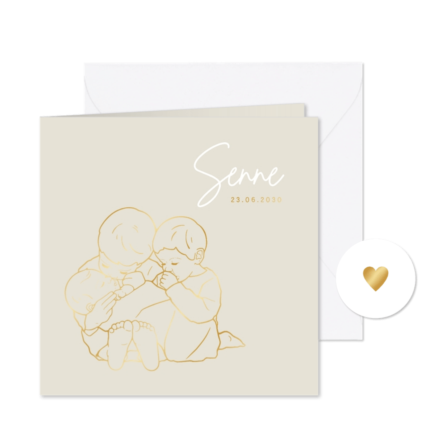 Lief geboortekaartje drie kindjes samen – goudfolie - Kaartimpressie