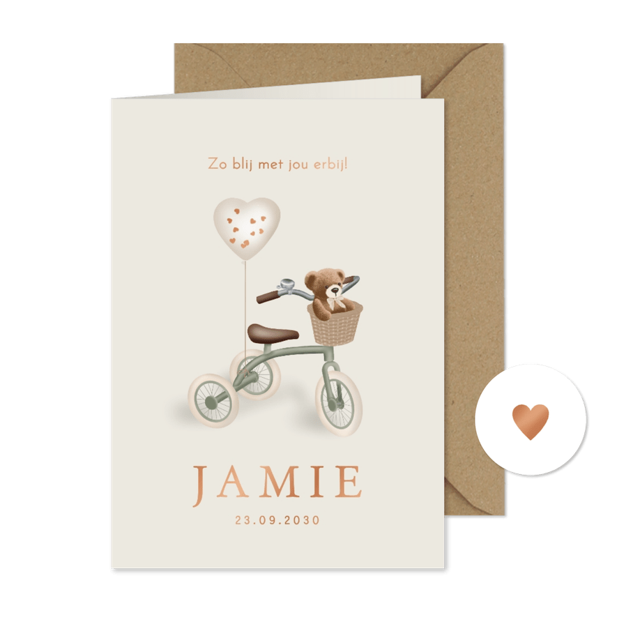 Lief geboortekaartje driewieler met teddybeer – koperfolie - Kaartimpressie
