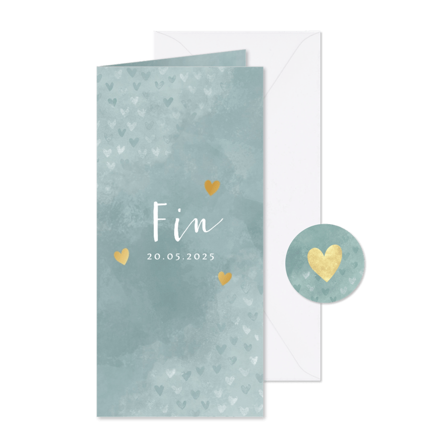 Lief geboortekaartje dwarrelende hartjes blauwe waterverf - Kaartimpressie