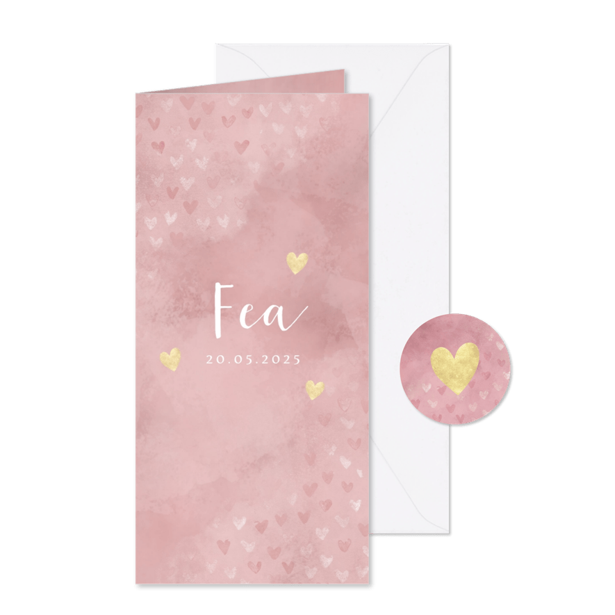 Lief geboortekaartje dwarrelende hartjes roze waterverf - Kaartimpressie