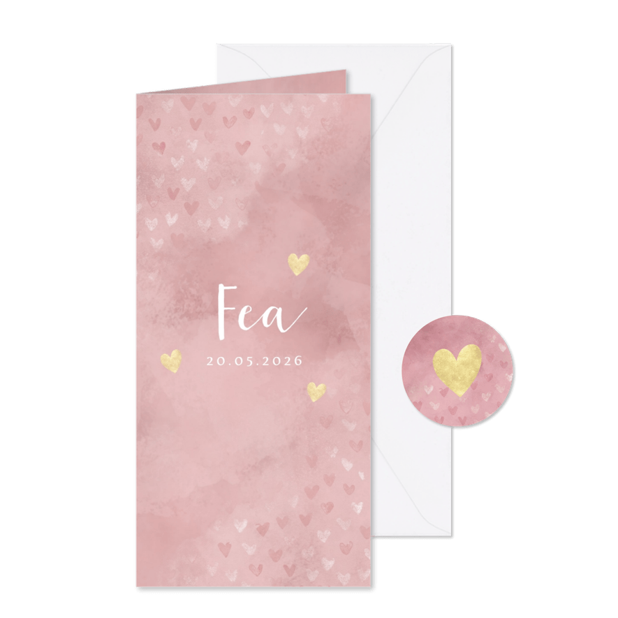 Lief geboortekaartje dwarrelende hartjes roze waterverf - Kaartimpressie