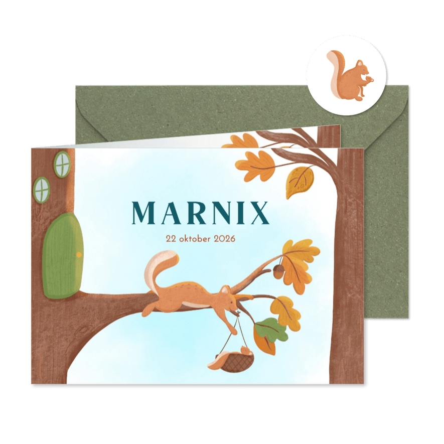 Lief geboortekaartje eekhoorn met baby in herfst - Kaartimpressie