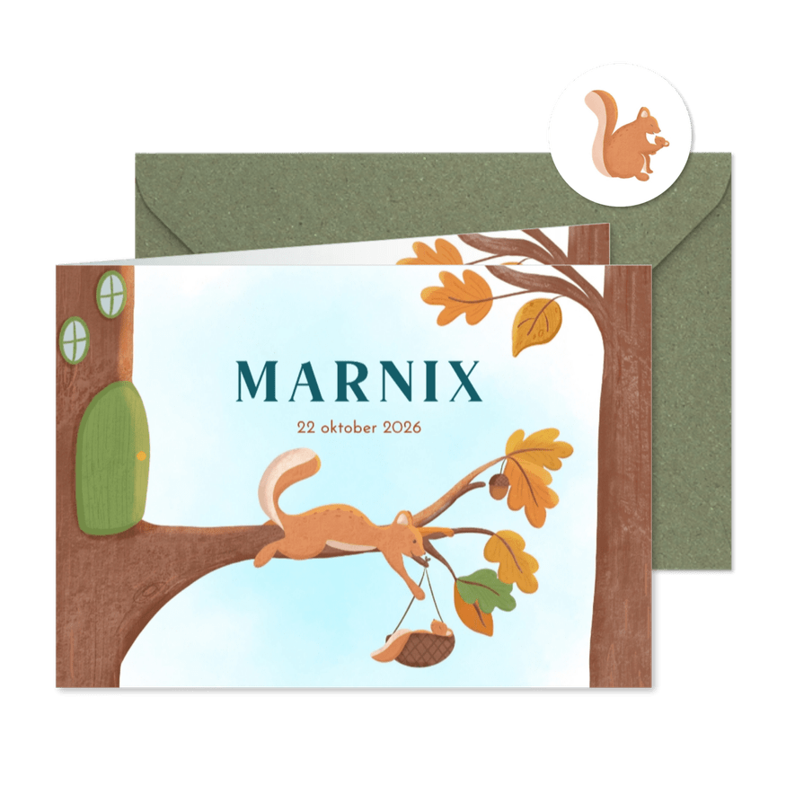 Lief geboortekaartje eekhoorn met baby in herfst - Kaartimpressie