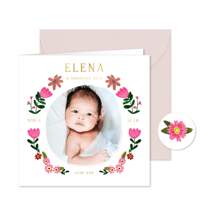 Lief geboortekaartje foto met bloemen rand - Kaartimpressie