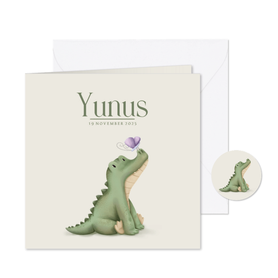 Lief geboortekaartje geïllustreerde krokodil en vlinders - Kaartimpressie