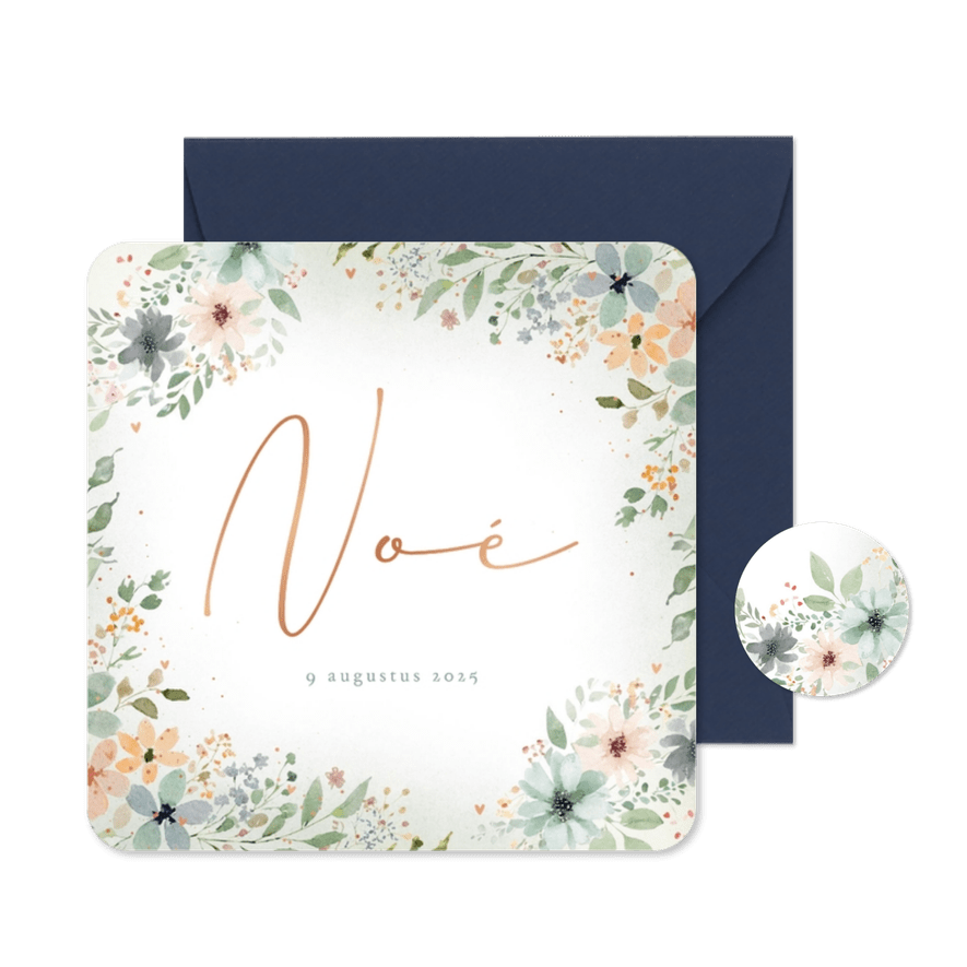 Lief geboortekaartje gekleurd bloemenkader koper hartjes - Kaartimpressie