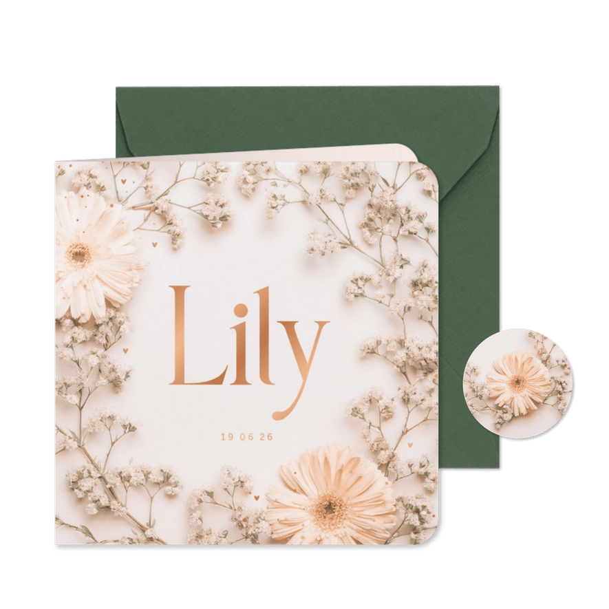 Lief geboortekaartje gerbera zalmroze gipskruid - Kaartimpressie