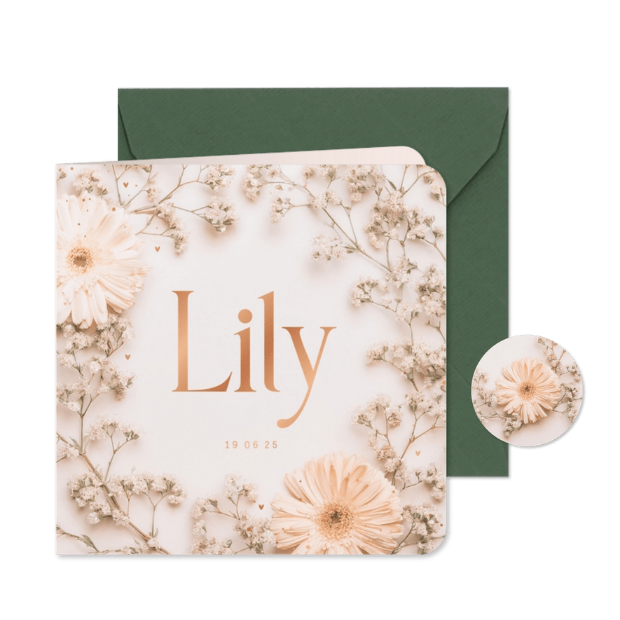 Lief geboortekaartje gerbera zalmroze gipskruid - Kaartimpressie