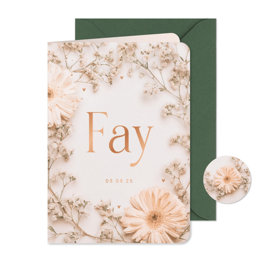 Lief geboortekaartje gipskruid kader gerbera zalmroze  - Kaartimpressie