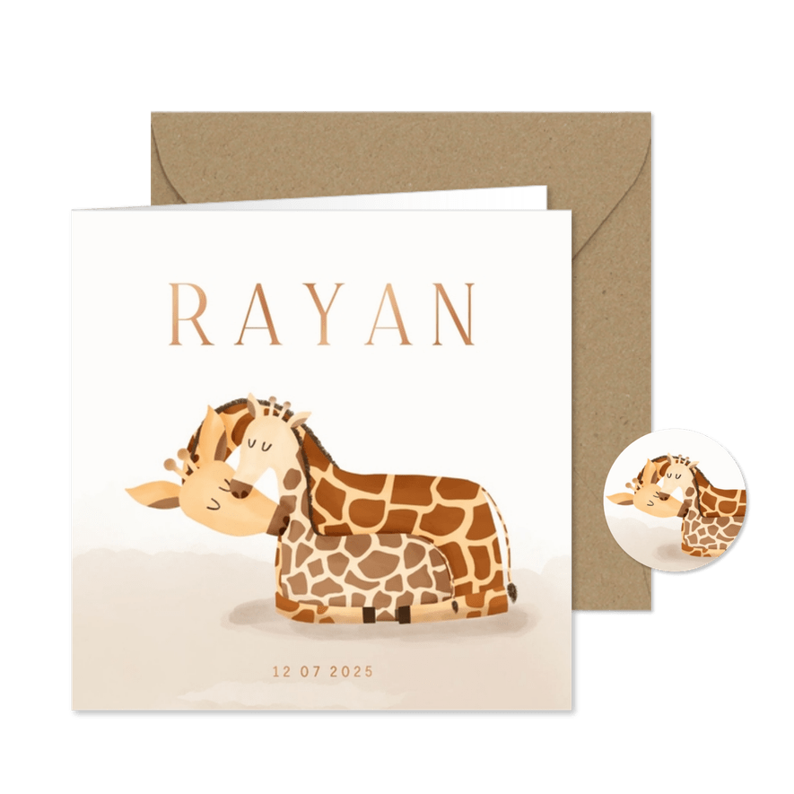 Lief geboortekaartje giraf met kleintje koperfolie - Kaartimpressie