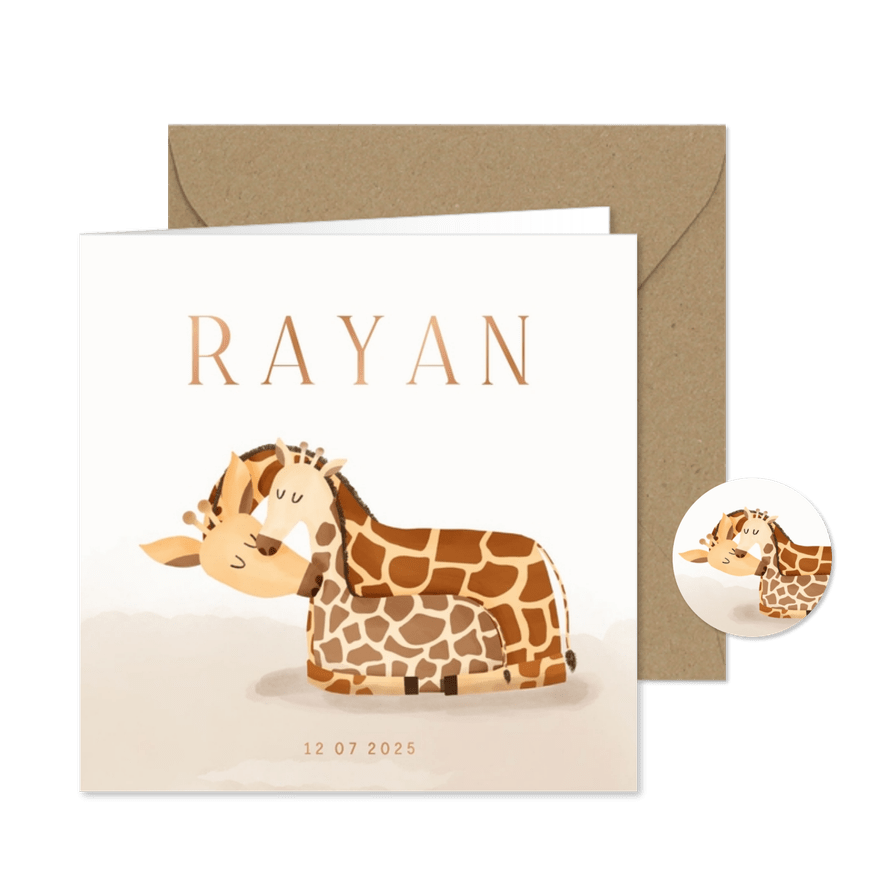 Lief geboortekaartje giraf met kleintje koperfolie - Kaartimpressie