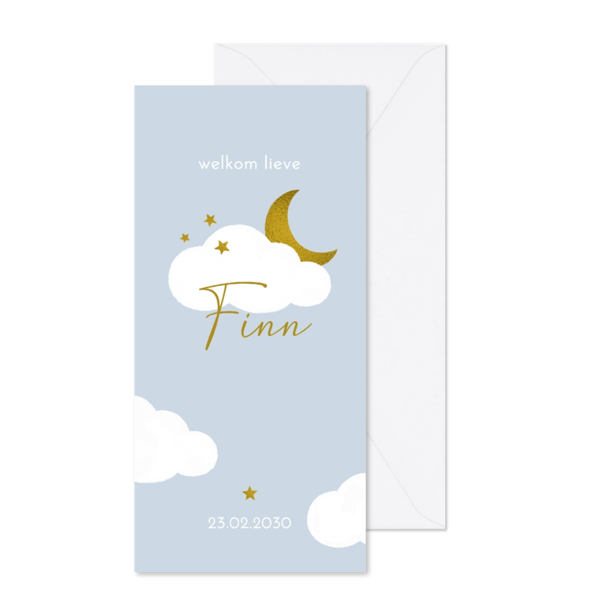Lief geboortekaartje goudlook maan, wolkjes en sterretjes - Kaartimpressie