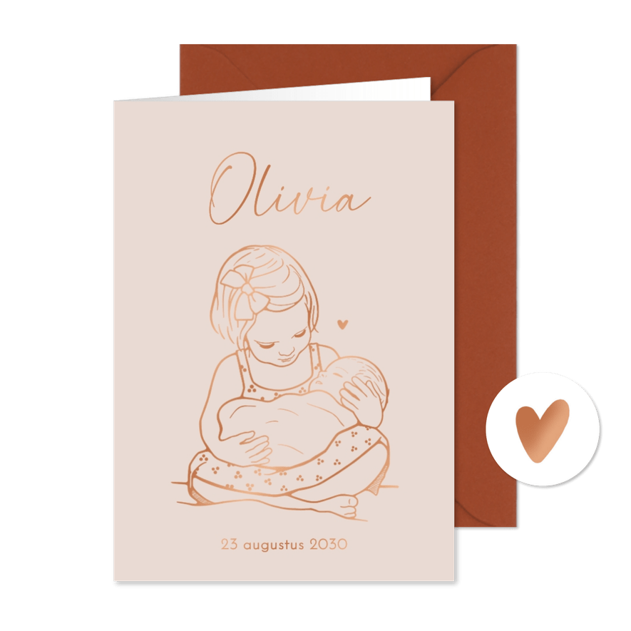 Lief geboortekaartje grote zus met baby – koperfolie - Kaartimpressie