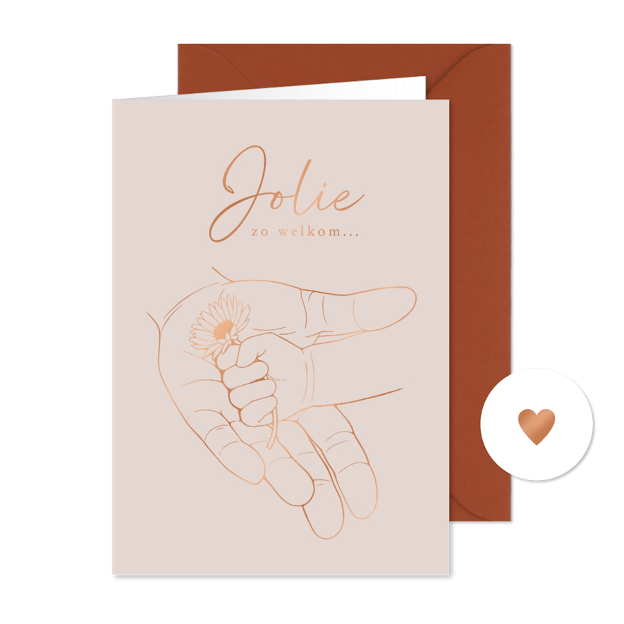 Lief geboortekaartje handen met bloem – koperfolie - Kaartimpressie