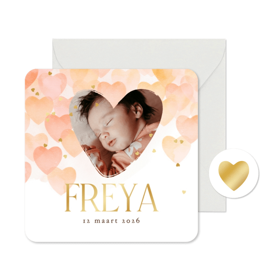 Lief geboortekaartje hartjes watercolor foto goud confetti - Kaartimpressie