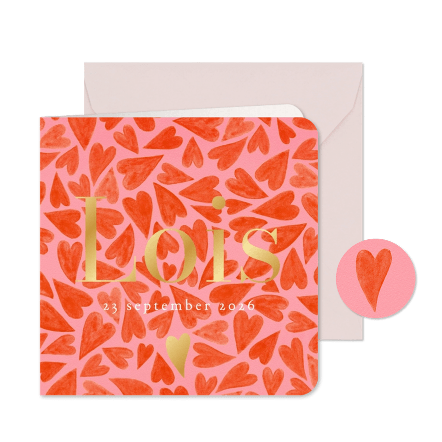 Lief geboortekaartje hartjes watercolor goud - Kaartimpressie