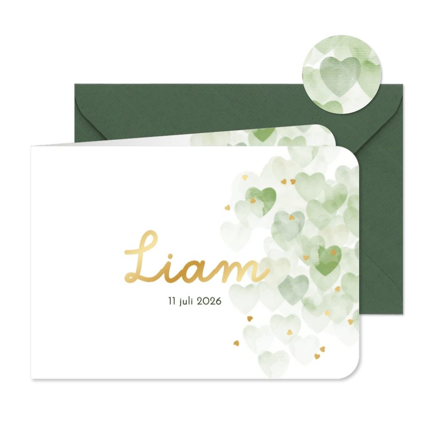 Lief geboortekaartje hartjes waterverf groen goudfolie - Kaartimpressie