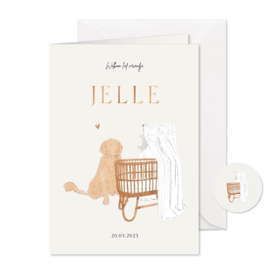 Lief geboortekaartje hond en wiegje neutraal illustratie - Kaartimpressie