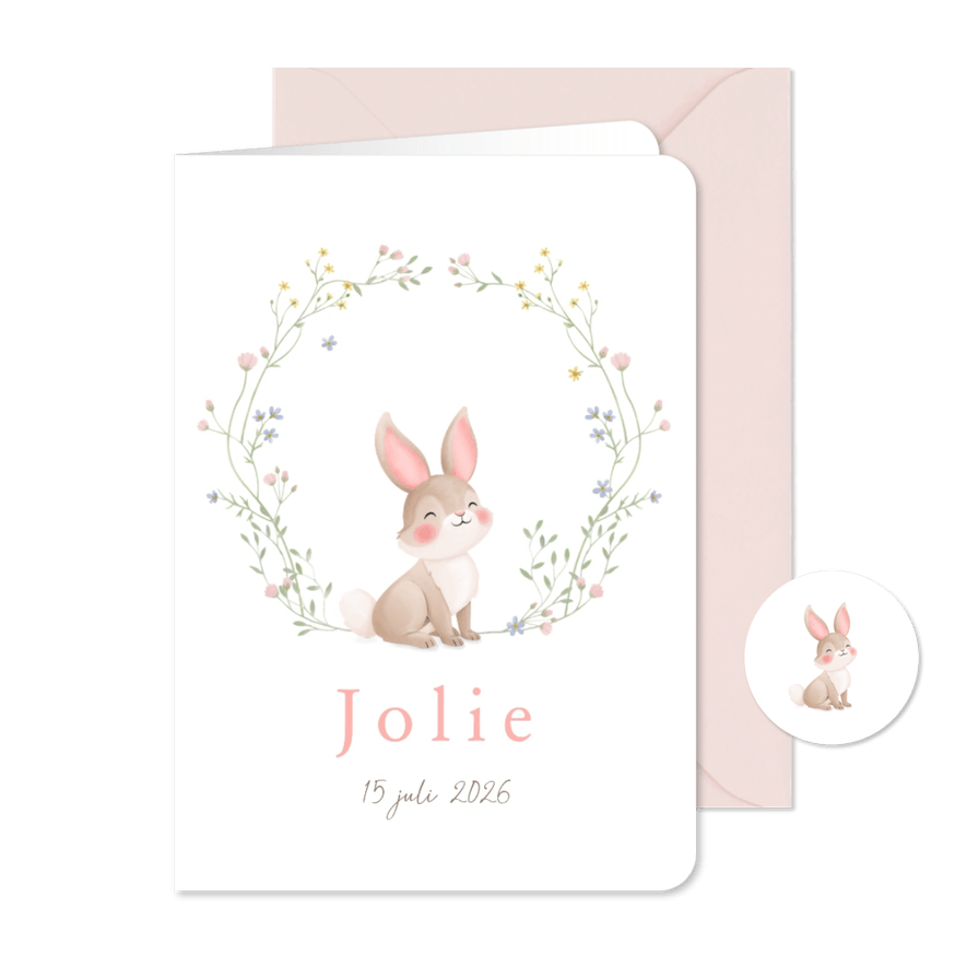 Lief geboortekaartje illustratie konijntje met bloemenkrans - Kaartimpressie