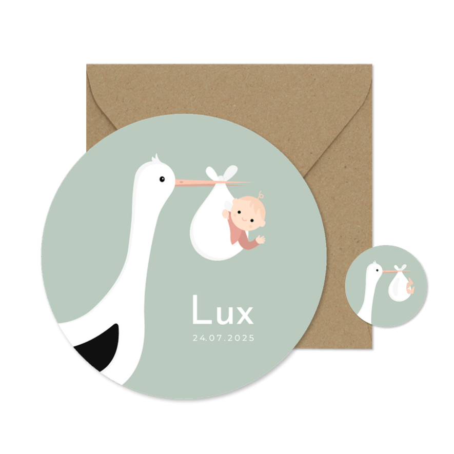 Lief geboortekaartje in ronde vorm met ooievaar & baby - Kaartimpressie