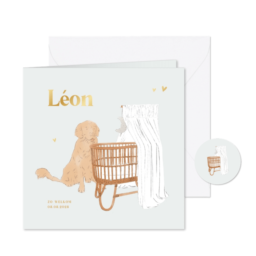 Lief geboortekaartje jongen hond en wiegje illustratie - Kaartimpressie