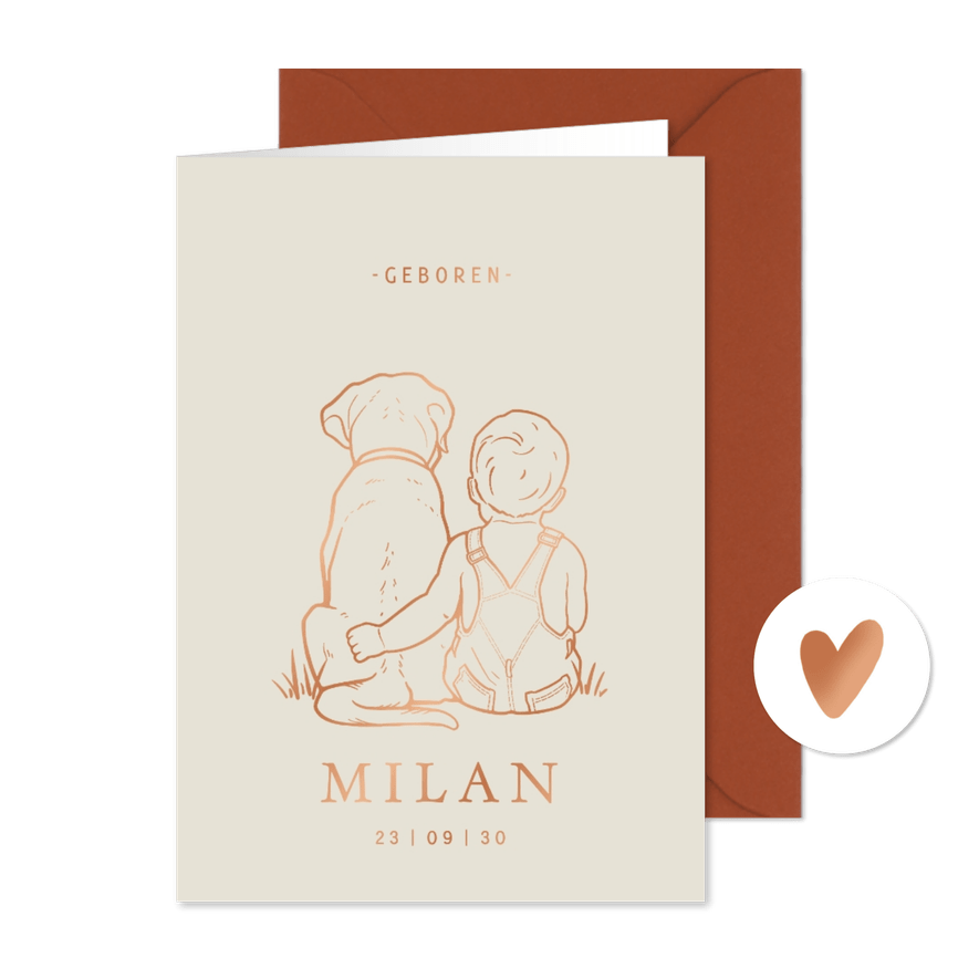 Lief geboortekaartje jongen met hond – koperfolie - Kaartimpressie