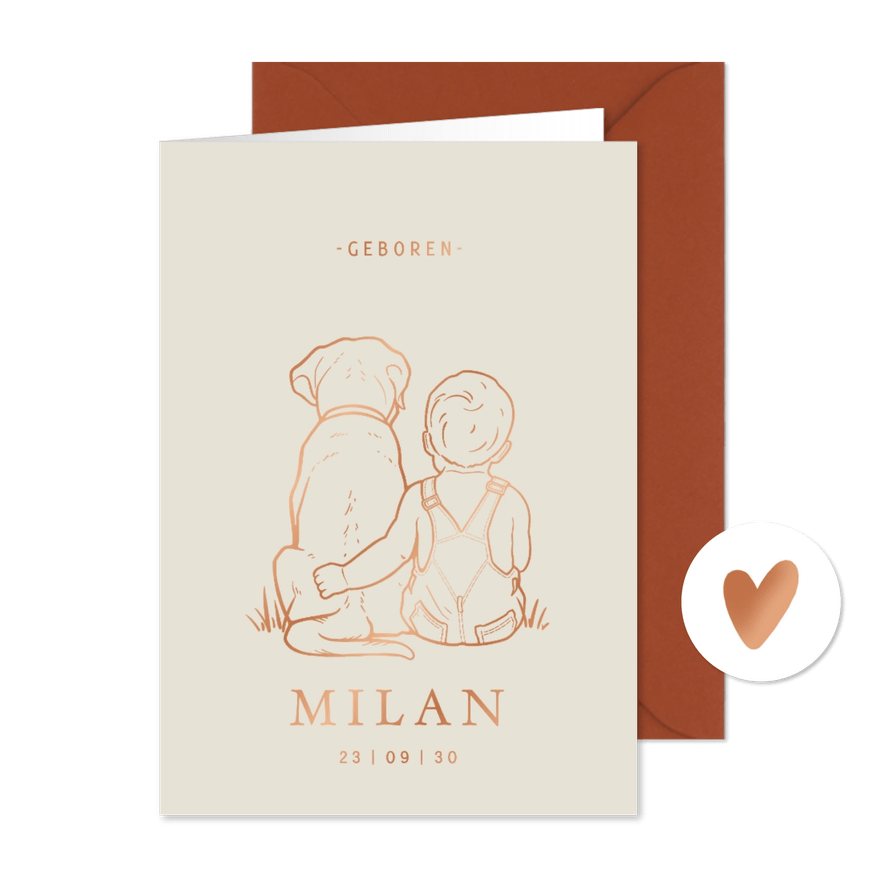 Lief geboortekaartje jongen met hond – koperfolie - Kaartimpressie