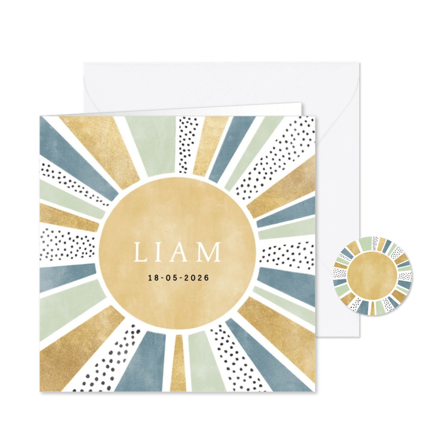 Lief geboortekaartje jongen met zonnetje, stipjes en goud - Kaartimpressie