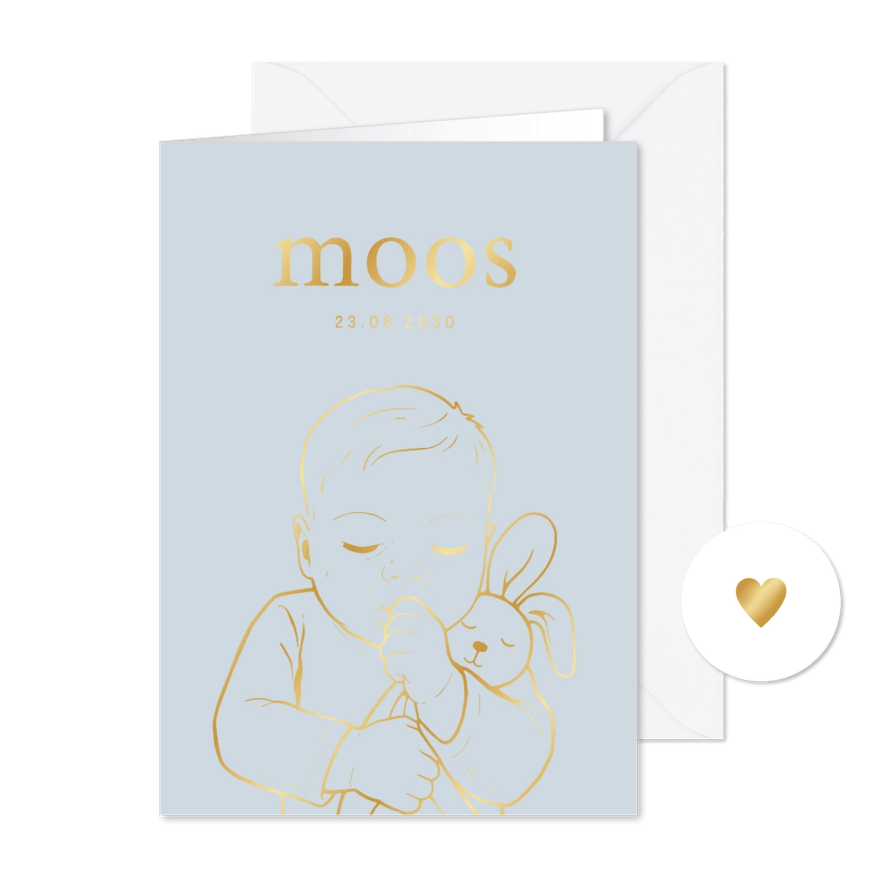 Lief geboortekaartje jongetje met konijn – goudfolie - Kaartimpressie