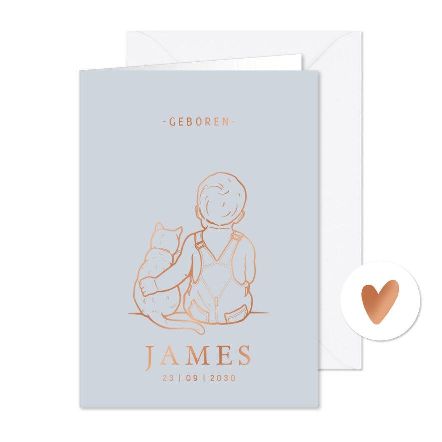 Lief geboortekaartje jongetje met poes – koperfolie - Kaartimpressie