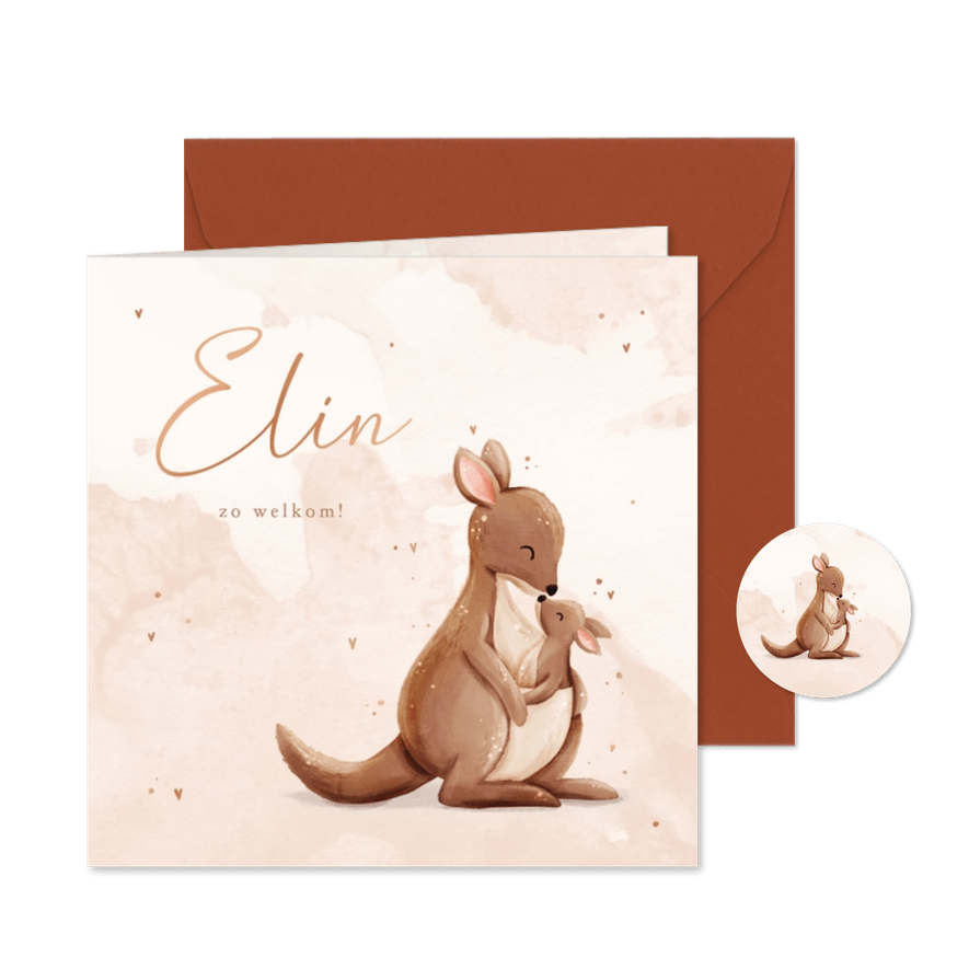 Lief geboortekaartje kangoeroe met roze waterverf - Kaartimpressie