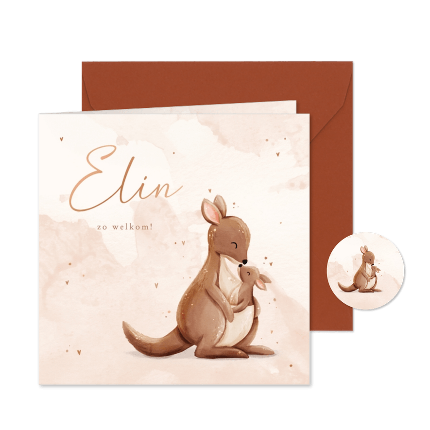Lief geboortekaartje kangoeroe met roze waterverf - Kaartimpressie