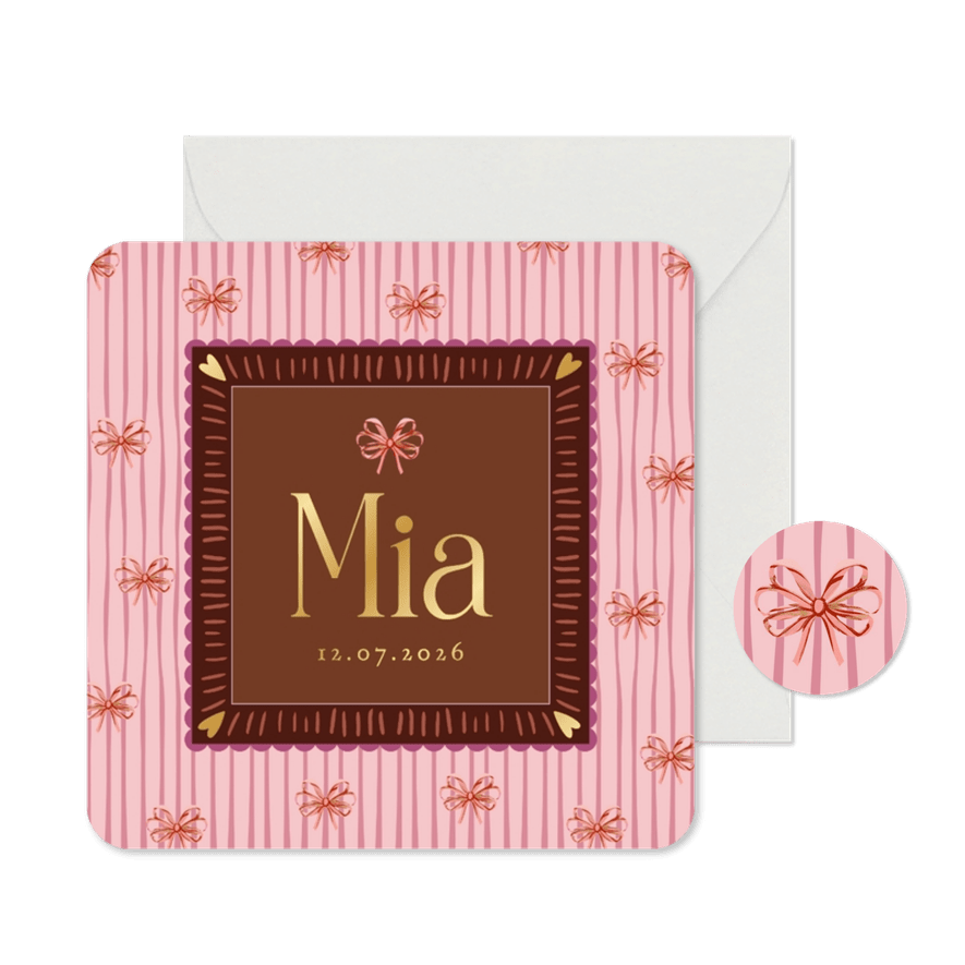 Lief geboortekaartje kleurrijk kader strikjes goud - Kaartimpressie