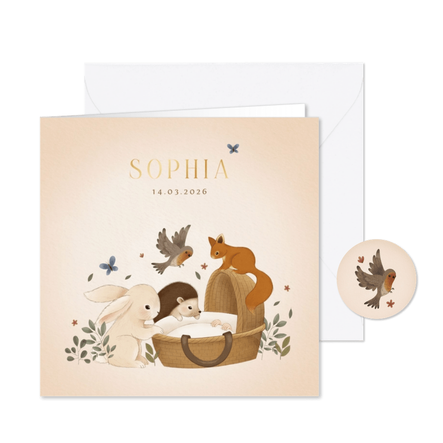 Lief geboortekaartje konijn egel eekhoorn vogel wiegje - Kaartimpressie