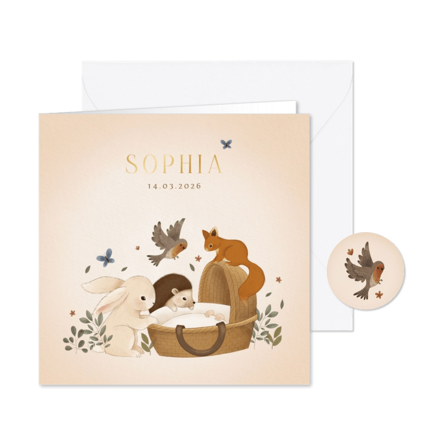Lief geboortekaartje konijn egel eekhoorn vogel wiegje - Kaartimpressie