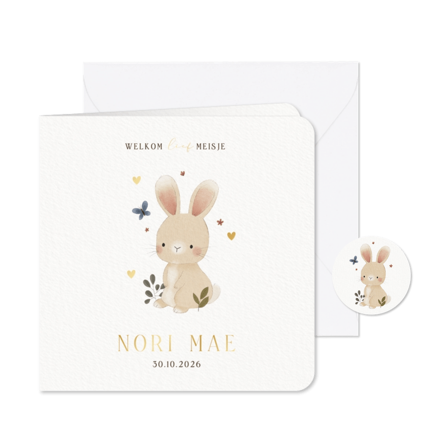 Lief geboortekaartje konijntje plantjes en vlinder - Kaartimpressie