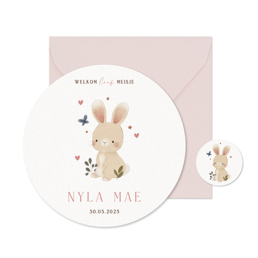 Lief geboortekaartje konijntje plantjes vlinder en hartjes - Kaartimpressie