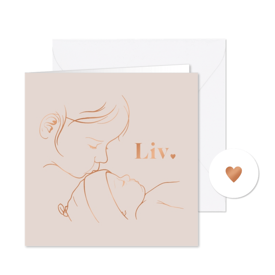 Lief geboortekaartje koperfolie – zus kust baby lijntekening - Kaartimpressie