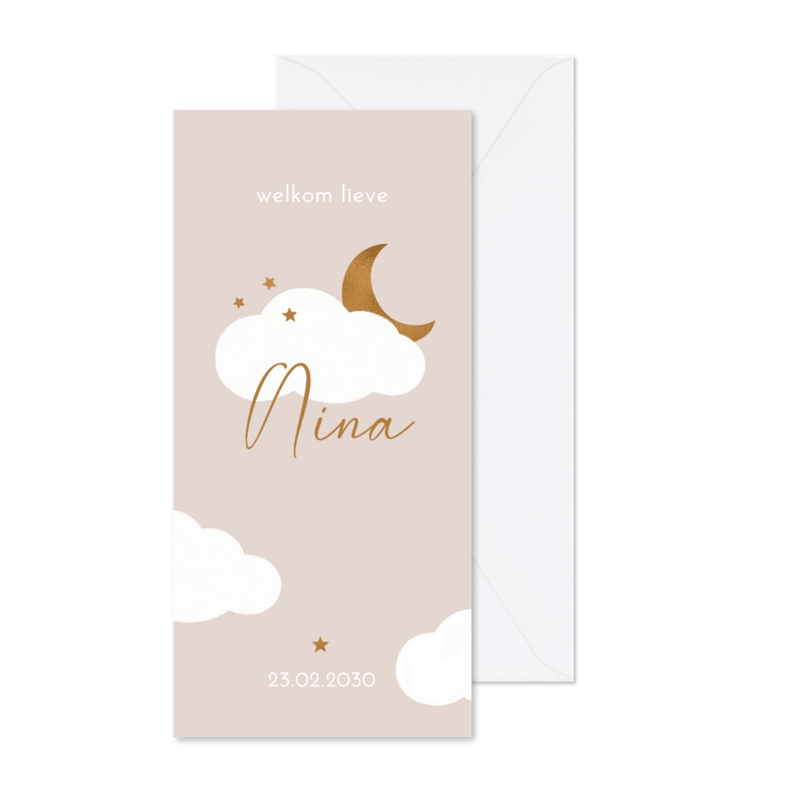 Lief geboortekaartje koperlook maan, wolkjes en sterretjes - Kaartimpressie