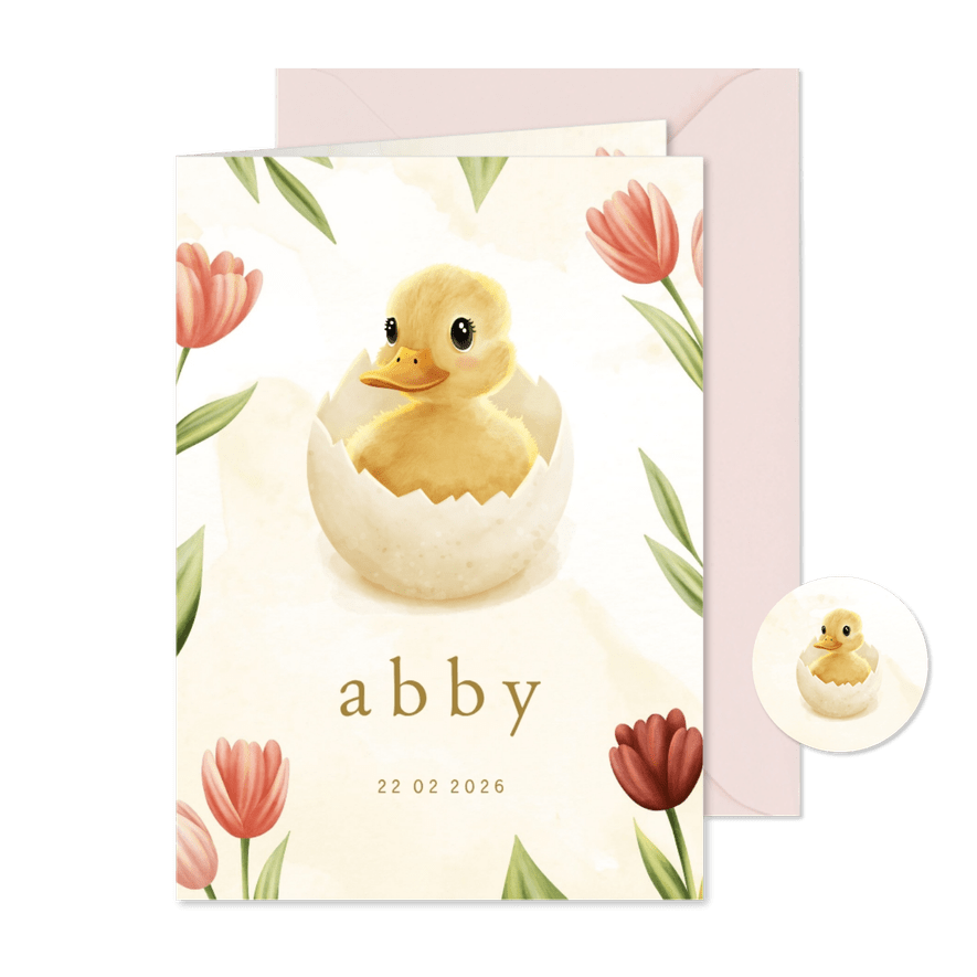 Lief geboortekaartje kuiken in ei met tulpen  - Kaartimpressie