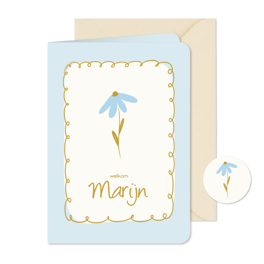Lief geboortekaartje licht blauw met rand en bloem - Kaartimpressie