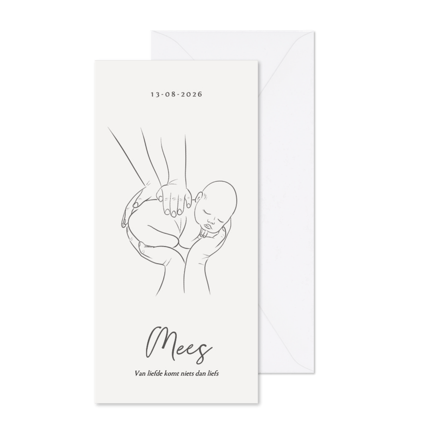 Lief geboortekaartje lijntekening kindje handen ouders - Kaartimpressie