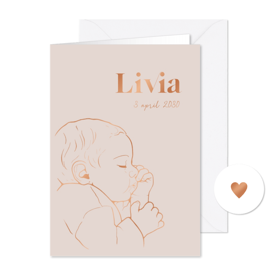 Lief geboortekaartje lijntekening slapende baby – koperfolie - Kaartimpressie