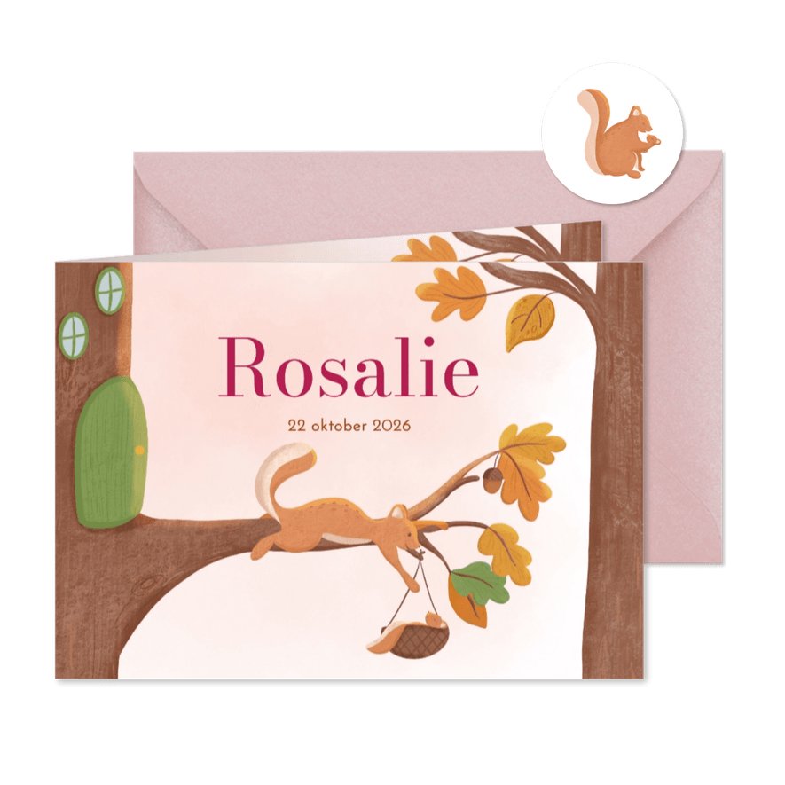 Lief geboortekaartje meisje eekhoorn met baby in herfst - Kaartimpressie