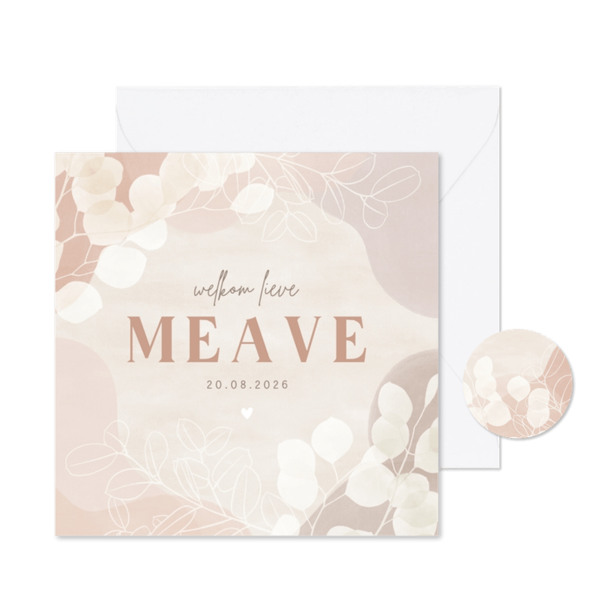 Lief geboortekaartje meisje eucalyptus hartje roze waterverf - Kaartimpressie