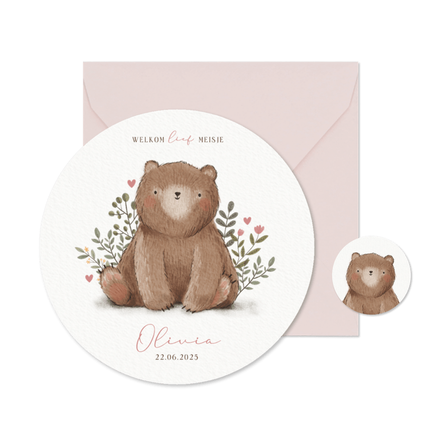 Lief geboortekaartje meisje met beer plantjes en hartjes - Kaartimpressie
