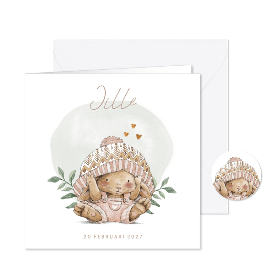 Lief geboortekaartje meisje met konijntje onder grote muts - Kaartimpressie