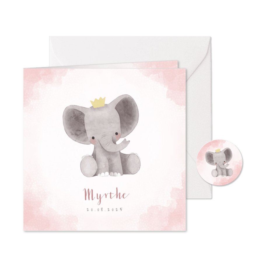 Lief geboortekaartje meisje met olifant en kroontje - Kaartimpressie