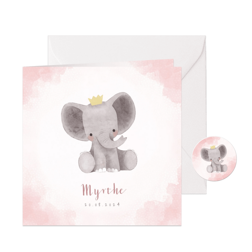 Lief geboortekaartje meisje met olifant en kroontje - Kaartimpressie